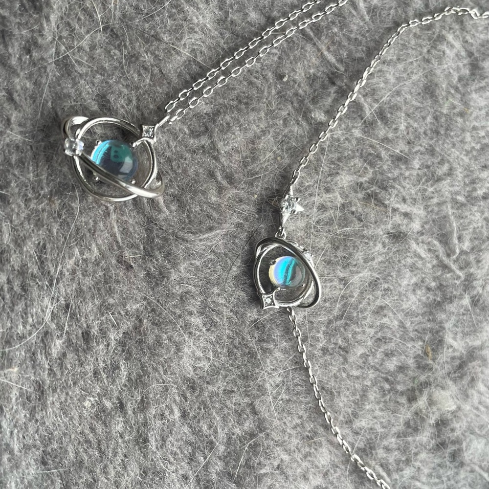 Sterling Silver 925 Moonstone Necklace and Bracelet Set - Star and Planet